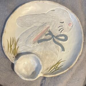 Mud Pie Speckled Ceramic Bunny Serving Platter with Cream Base and Tan Rim
